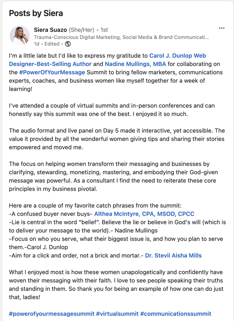 Power of Your Message Challenge Testimonial from Siera Suazo